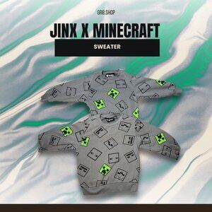 Jinx X Minecraft Creeper & Mob Pattern Kids Sweater - Gray & Green Graphic Desig